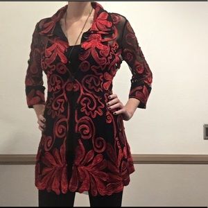 Black and red floral button up tunic